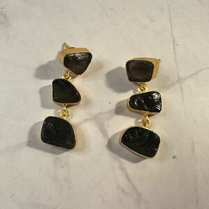 Black Tourmaline Drop Earrings | Raw Stone Earrings | Gold Statement Earrings